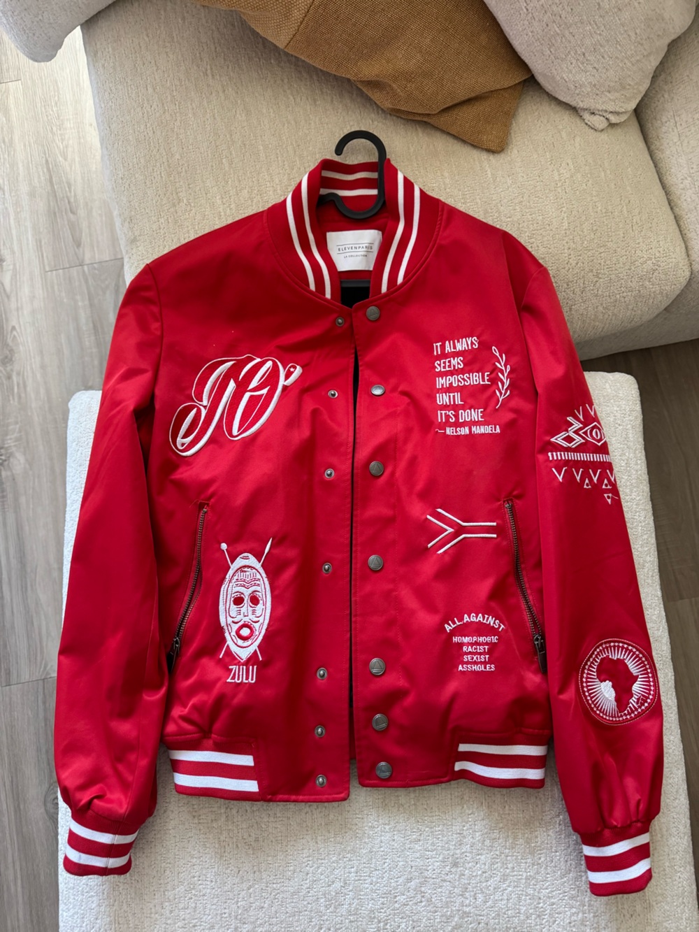 Eleven Paris Red Embroidered Varsity Bomber Jacket